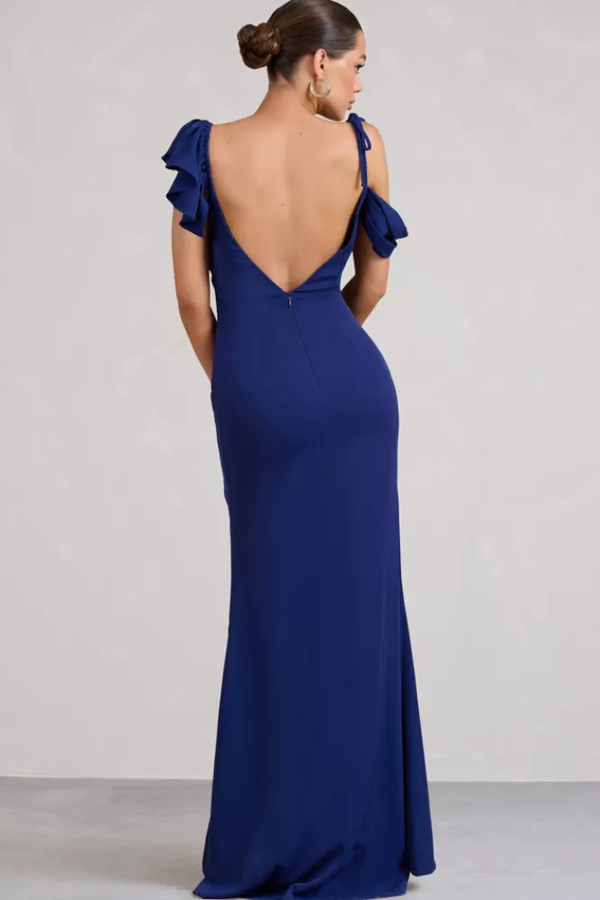 Club L London Merlot | Asymmetric Draped Split Maxi Dress NAVY Clearance