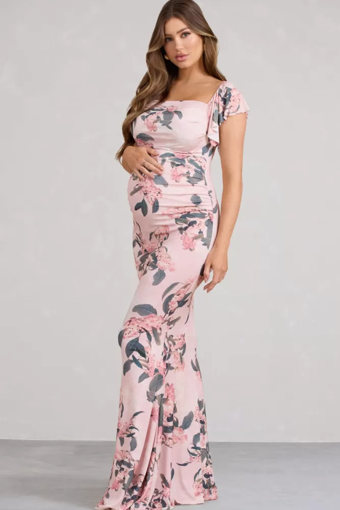 Club L London Merlot | Pink Floral Asymmetric Maternity Maxi Dress MULTI Flash Sale