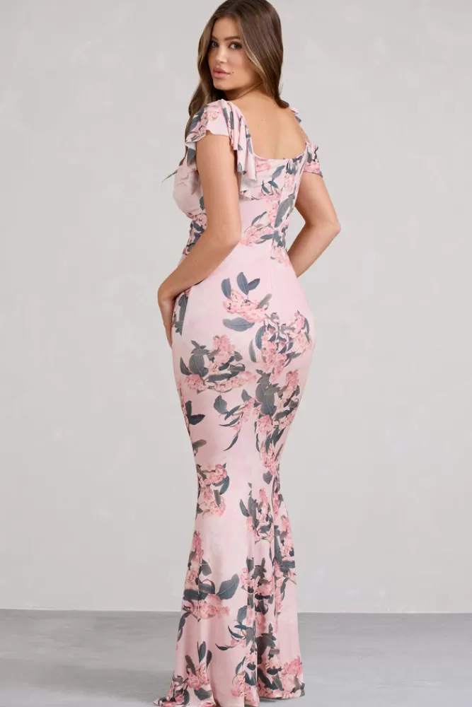 Club L London Merlot | Pink Floral Asymmetric Maternity Maxi Dress MULTI Flash Sale