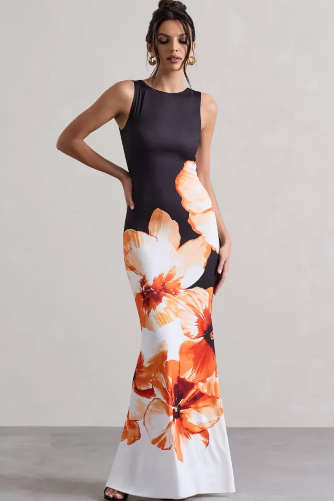 Club L London Micah | Black u0026 Orange Floral Print Racer-Neck Maxi Dress ORANGEFLORALPRINT Clearance