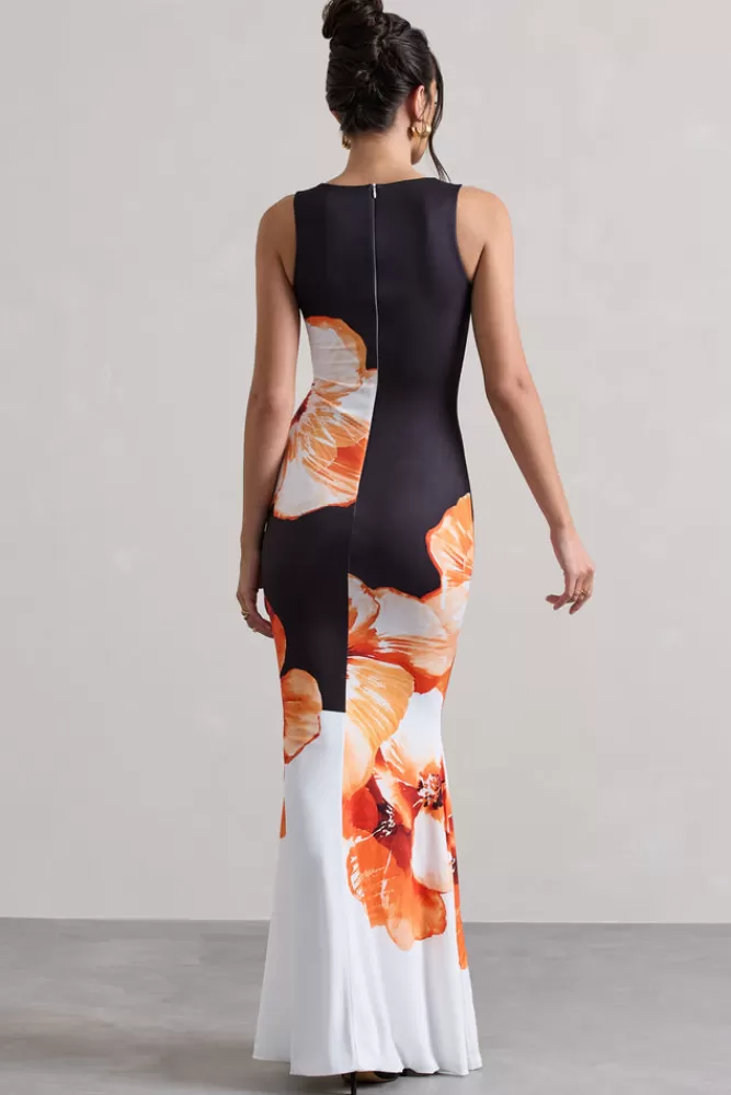 Club L London Micah | Black u0026 Orange Floral Print Racer-Neck Maxi Dress ORANGEFLORALPRINT Clearance