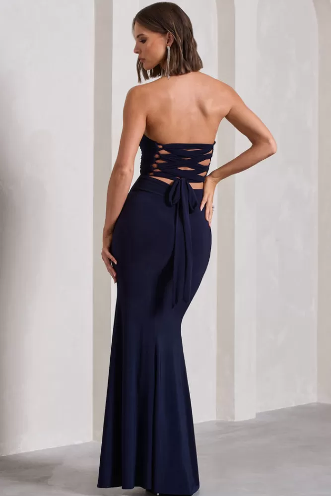 Club L London Midnight Calling | Bandeau Split Lace-Up Maxi Dress NAVY Fashion