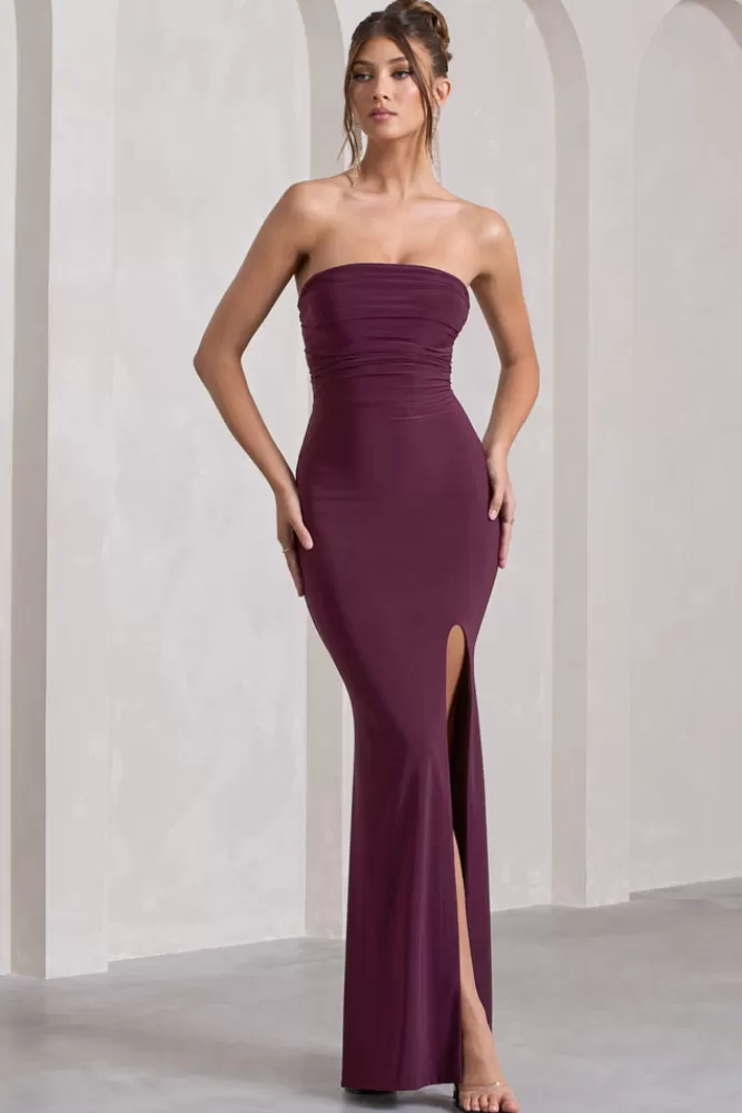 Club L London Midnight Calling |  Bandeau Split Lace-Up Maxi Dress PLUM Cheap