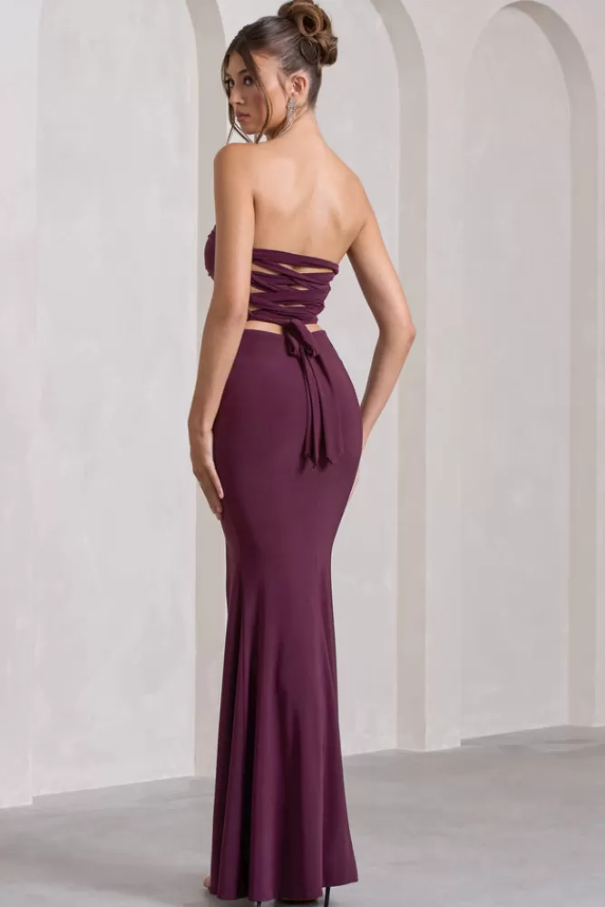 Club L London Midnight Calling |  Bandeau Split Lace-Up Maxi Dress PLUM Cheap