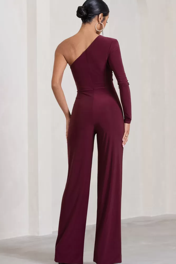 Club L London Mila | One Shoulder Ruched Wide Leg Jumpsuit BURGUNDY Discount