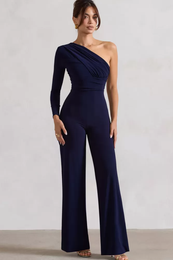 Club L London Mila | One Shoulder Ruched Wide Leg Jumpsuit NAVY Online