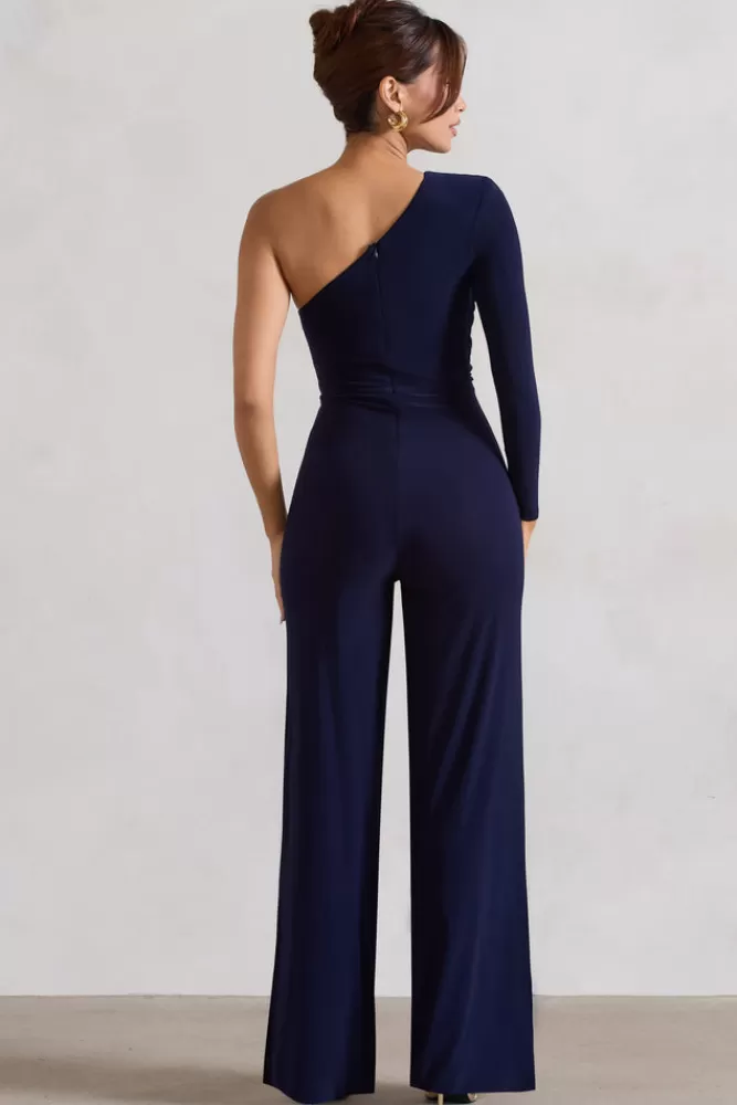 Club L London Mila | One Shoulder Ruched Wide Leg Jumpsuit NAVY Online