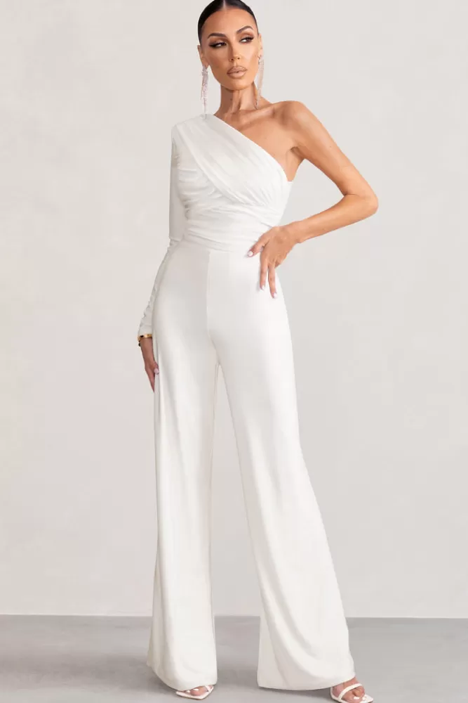 Club L London Mila | One Shoulder Ruched Wide Leg Jumpsuit WHITE Store