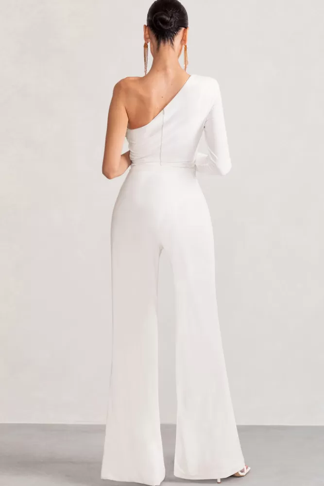 Club L London Mila | One Shoulder Ruched Wide Leg Jumpsuit WHITE Store