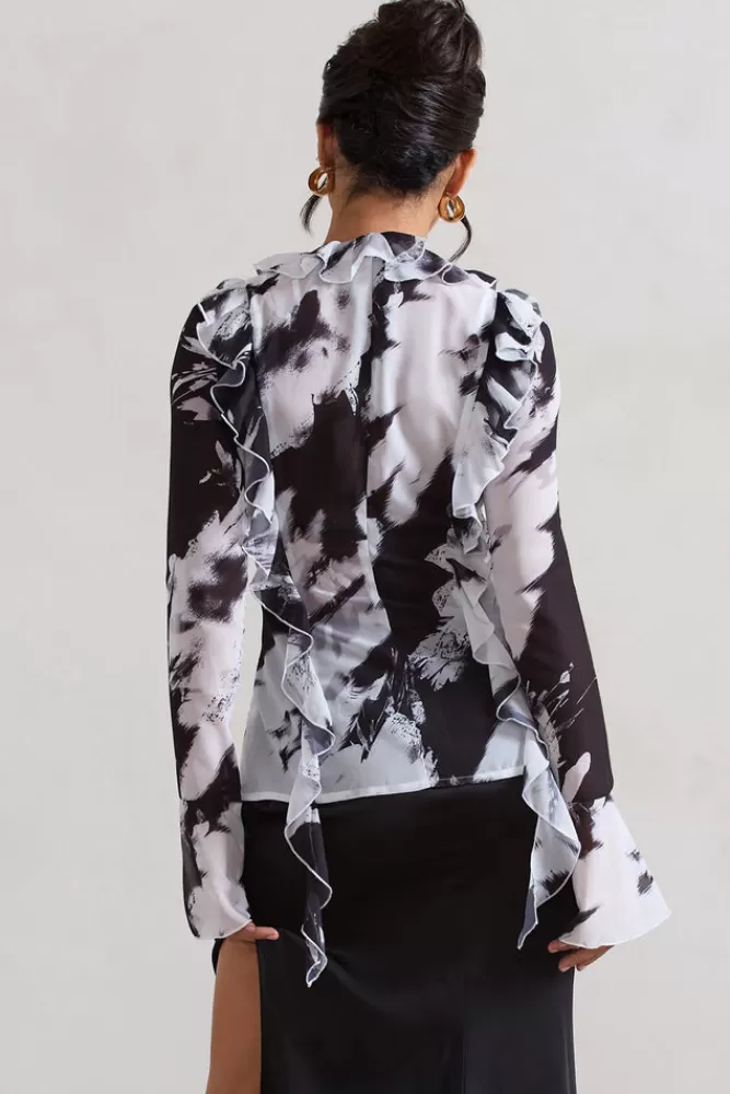 Club L London Milan | Monochrome Floral Print Ruffle Tie-Front Blouse MONOFLORAL Best