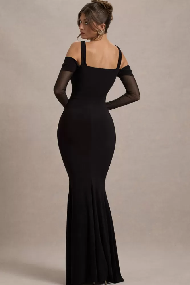 Club L London Milana | Square-Neck Draped Wrap Maxi Dress With Long Sleeves BLACK Flash Sale