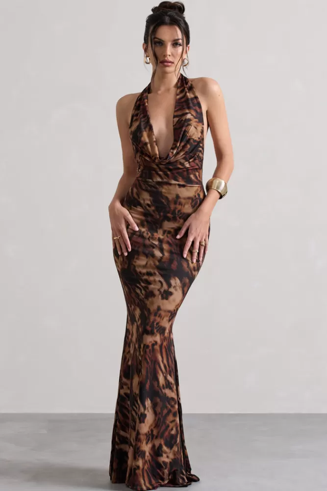 Club L London Milani | Animal Print Backless Cowl Neck Fishtail Maxi Dress ANIMALPRINT Flash Sale