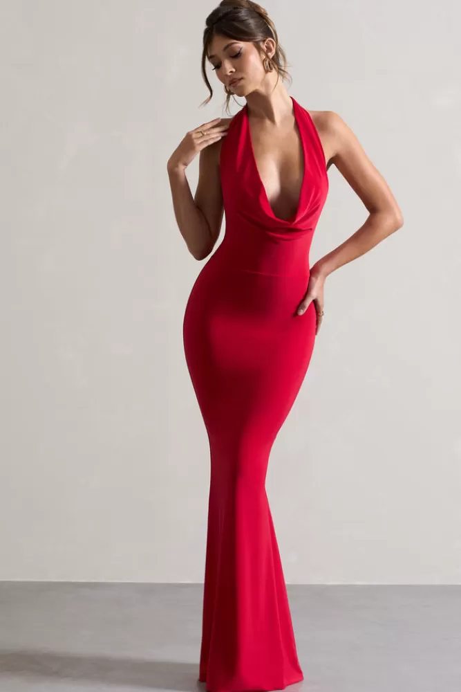 Club L London Milani | Backless Cowl Neck Fishtail Maxi Dress RED Hot