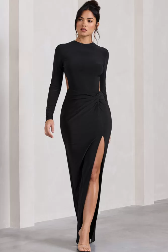 Club L London Miley | Long-Sleeved Open-Back Wrap Maxi Dress BLACK Discount