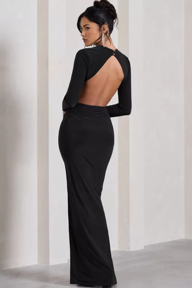 Club L London Miley | Long-Sleeved Open-Back Wrap Maxi Dress BLACK Discount