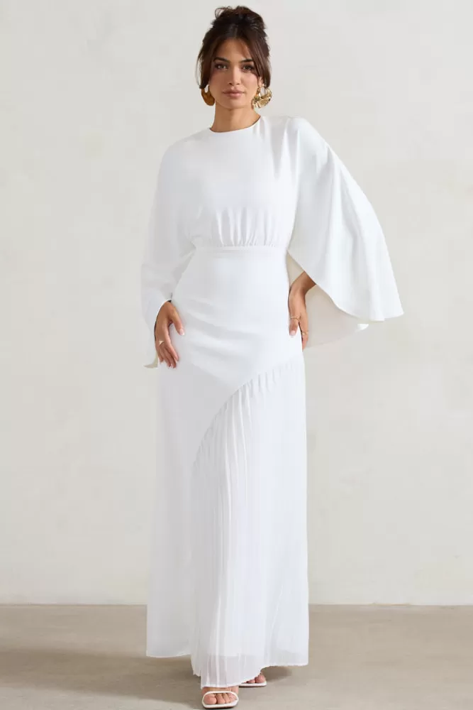 Club L London Milly | Cape Maxi Dress With Asymmetric Chiffon Hem WHITE Hot