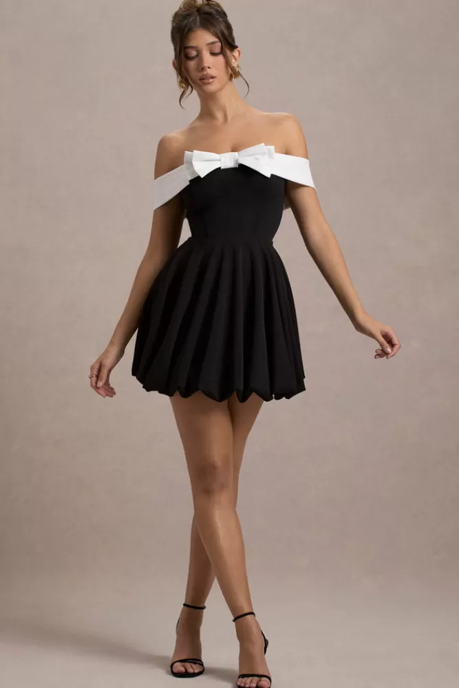 Club L London Minimoiselle | Black u0026 White Bow Bardot Mini Dress With Puff-Ball Skirt BLACKANDWHITE Store