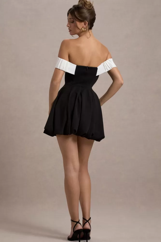 Club L London Minimoiselle | Black u0026 White Bow Bardot Mini Dress With Puff-Ball Skirt BLACKANDWHITE Store