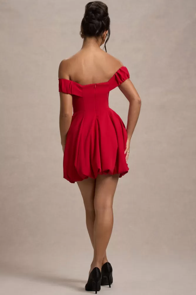 Club L London Minimoiselle | Bow Bardot Mini Dress With Puff-Ball Skirt red Hot