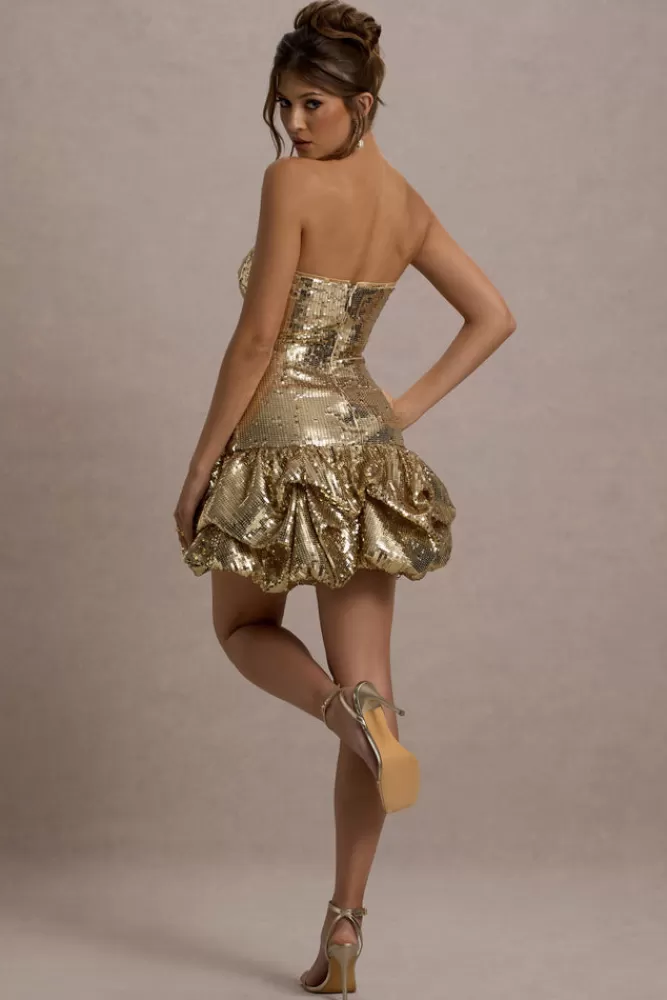 Club L London Mirabelle | Sequin Bandeau Mini Dress With Puff Hem GOLD Outlet