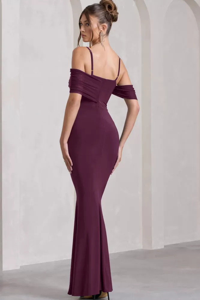 Club L London Miracle | Strappy Mesh Bardot Maxi Dress PLUM Best Sale