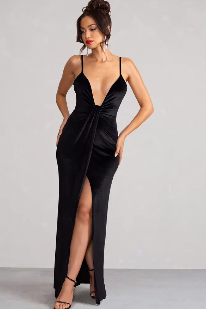 Club L London Miranda | Velvet Plunge Neck Twist Maxi Dress Black Shop