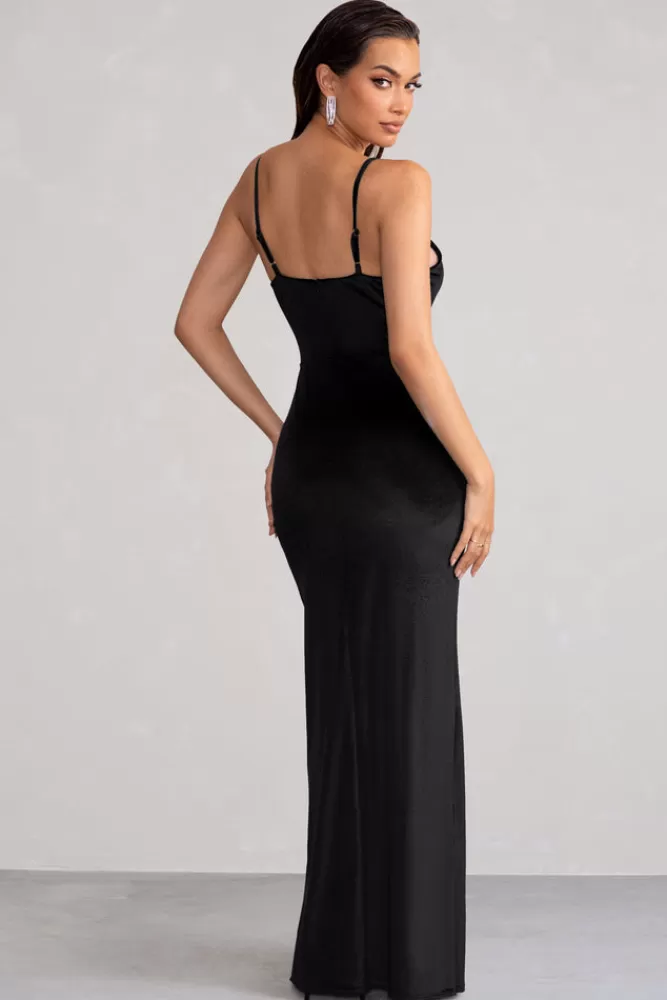 Club L London Miranda | Velvet Plunge Neck Twist Maxi Dress Black Shop