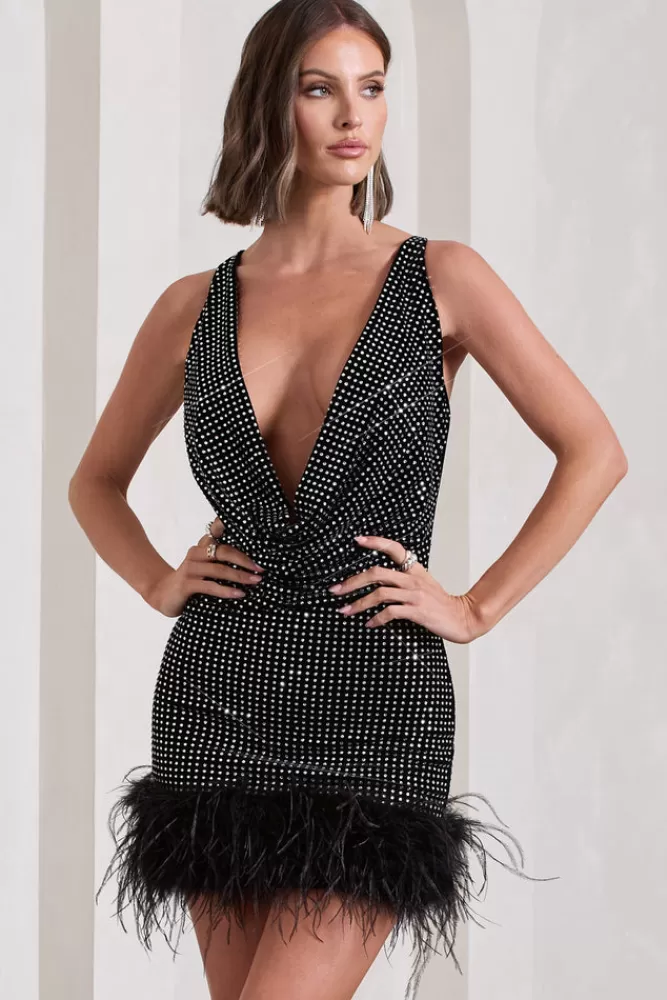 Club L London Mirror Me | Velvet Embellished Cowl-Neck Mini Dress With Feather Trim BLACK Clearance