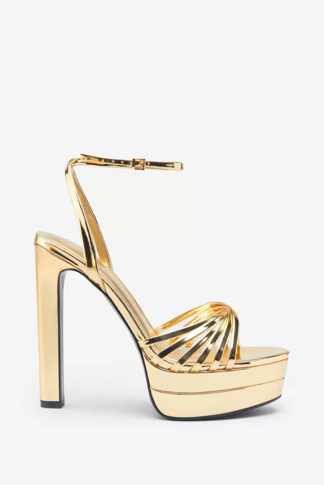 Club L London Mirror Mirror | Gold Mirror Strappy Heeled Platform Sandals GOLDREPTILE Sale