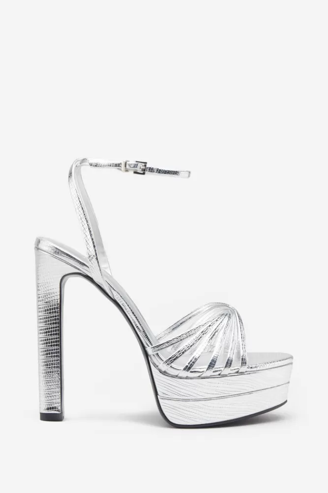 Club L London Mirror Mirror | Silver Snakeskin Strappy Heeled Platform Sandals SILVERREPTILE Cheap
