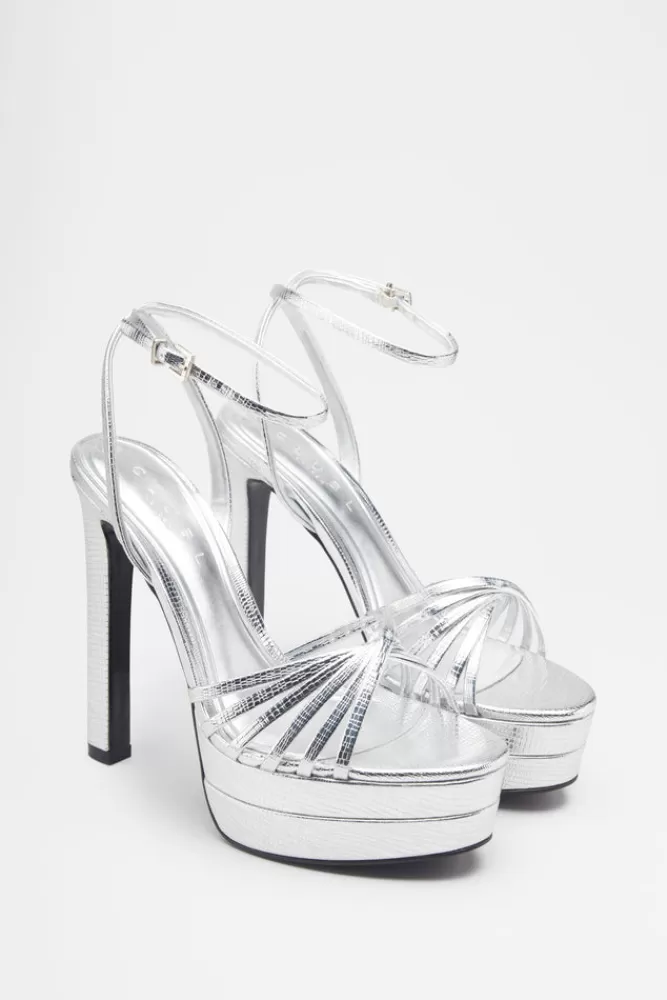 Club L London Mirror Mirror | Silver Snakeskin Strappy Heeled Platform Sandals SILVERREPTILE Cheap