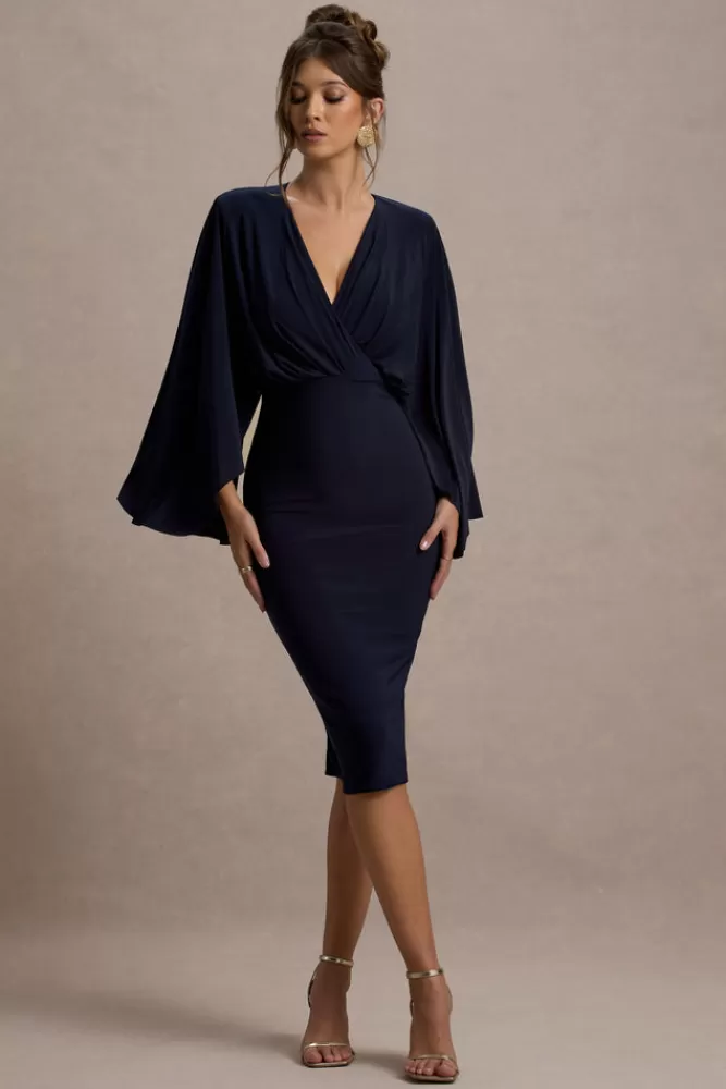 Club L London Mishka | Plunge-Neck Cape Midi Dress NAVY Fashion