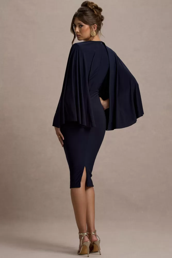 Club L London Mishka | Plunge-Neck Cape Midi Dress NAVY Fashion