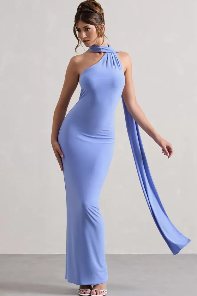 Club L London Miss | Pale Blue One Shoulder Backless Maxi Dress With Scarf COASTLINEBLUE Best