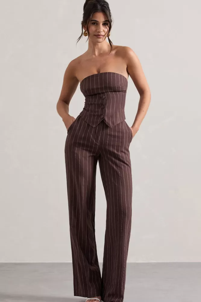 Club L London Missed Out | Brown Pinstripe Wide-Leg Trousers CHOCOLATE Cheap