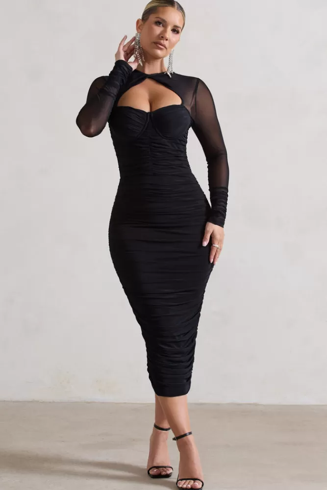 Club L London Mojito | Ruched Cut-Out Long-Sleeve Midi Dress BLACK Flash Sale