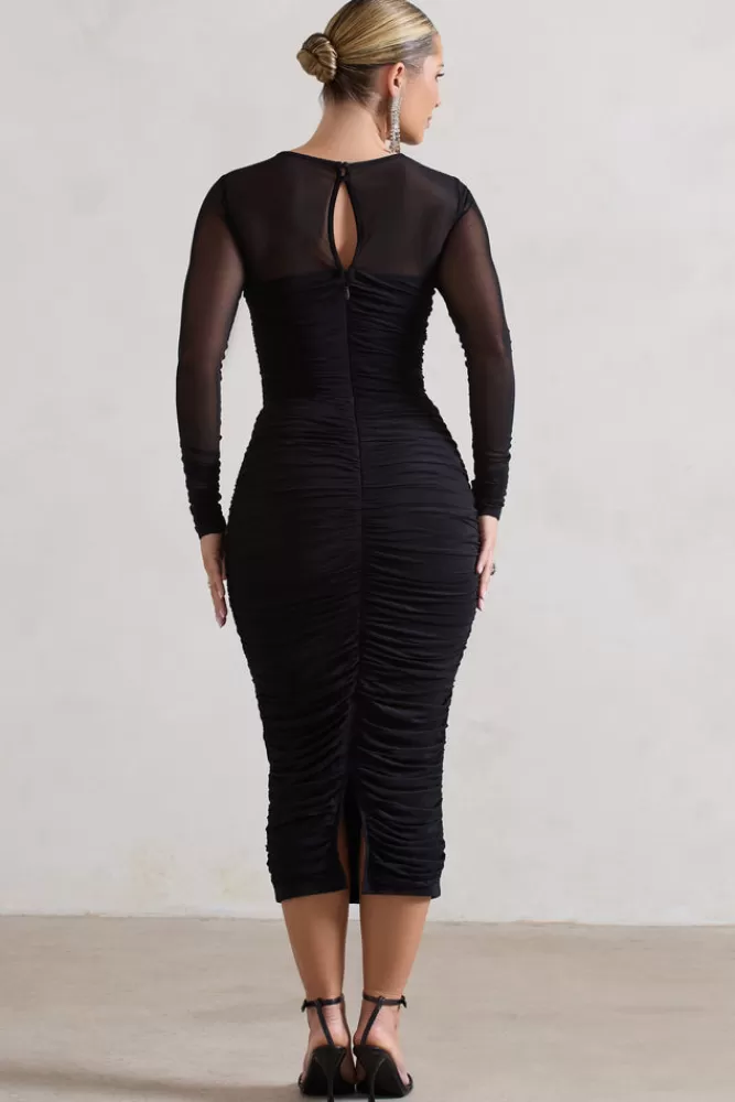 Club L London Mojito | Ruched Cut-Out Long-Sleeve Midi Dress BLACK Flash Sale