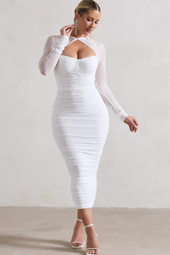 Club L London Mojito | Ruched Cut-Out Long-Sleeve Midi Dress WHITE Online