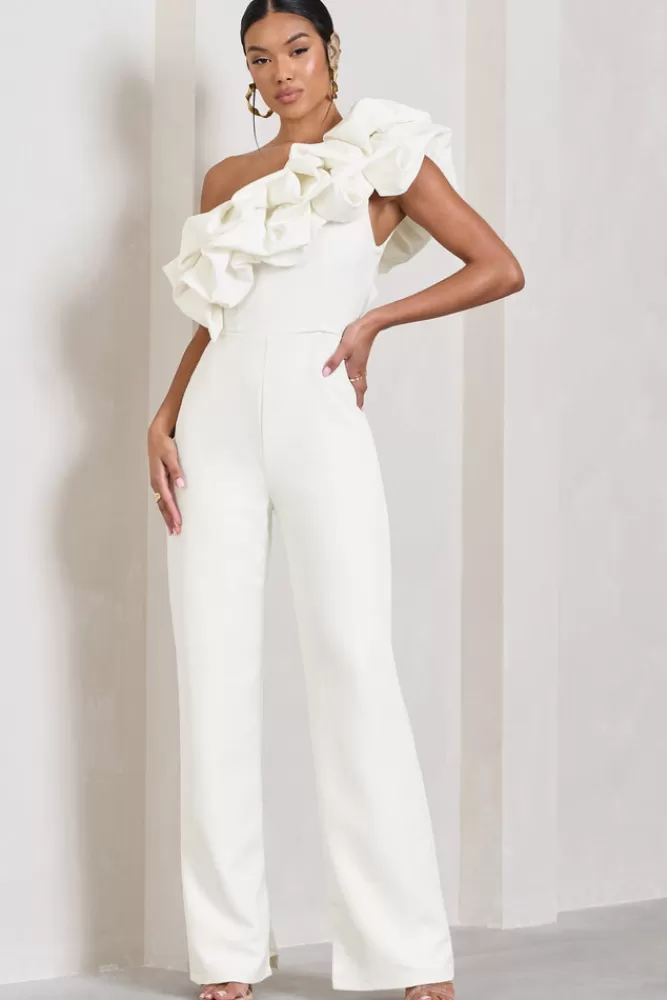 Club L London Monica | Asymmetric Ruffled Wide-Leg Jumpsuit WHITE Sale