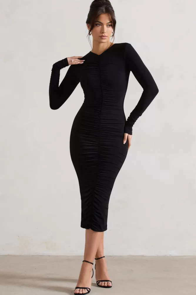 Club L London Monique | Ruched Bodycon Midi Dress BLACK New