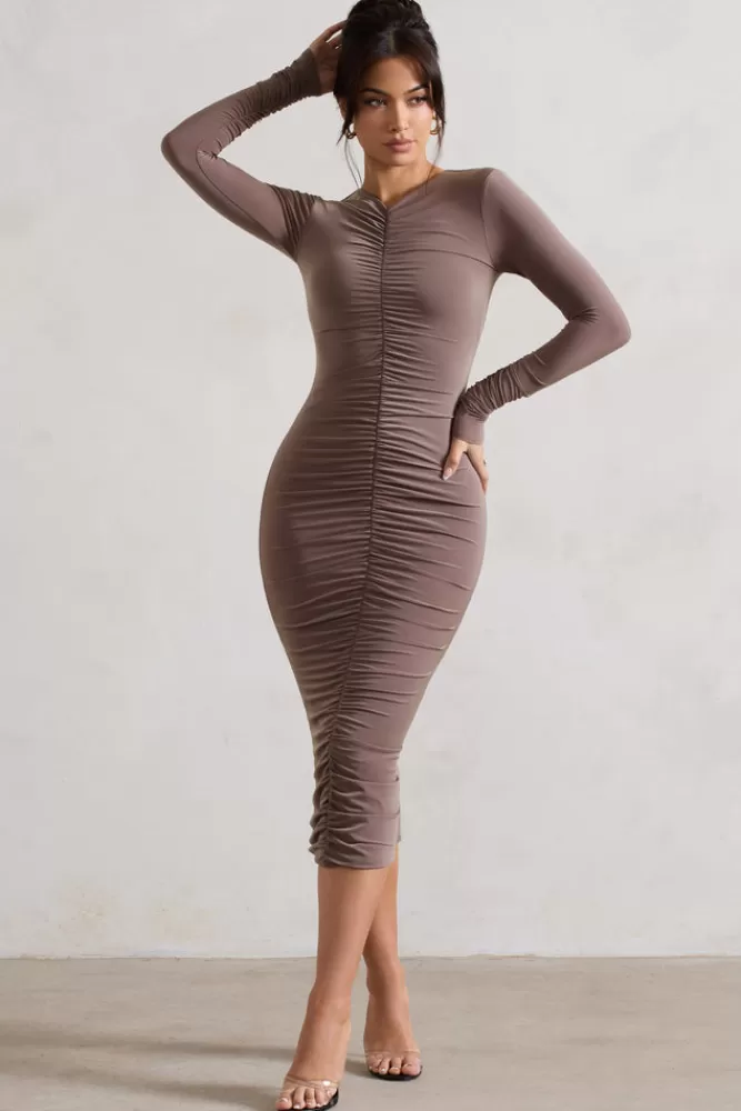 Club L London Monique | Ruched Bodycon Midi Dress MOCHA Fashion