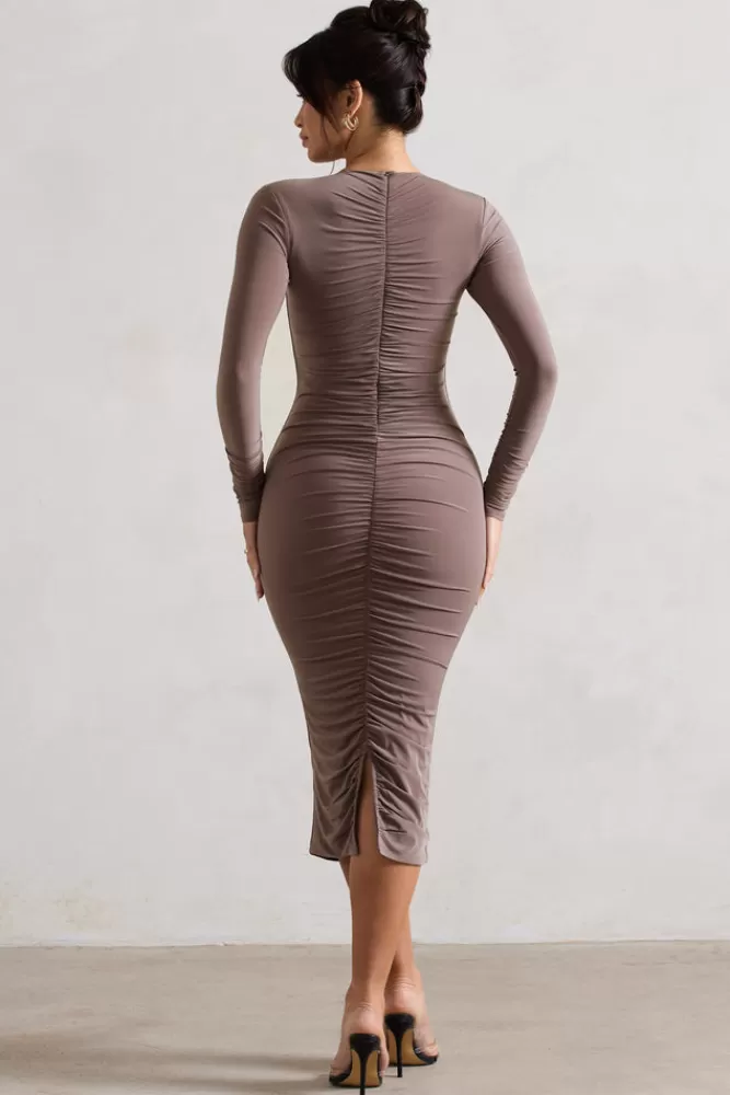 Club L London Monique | Ruched Bodycon Midi Dress MOCHA Fashion