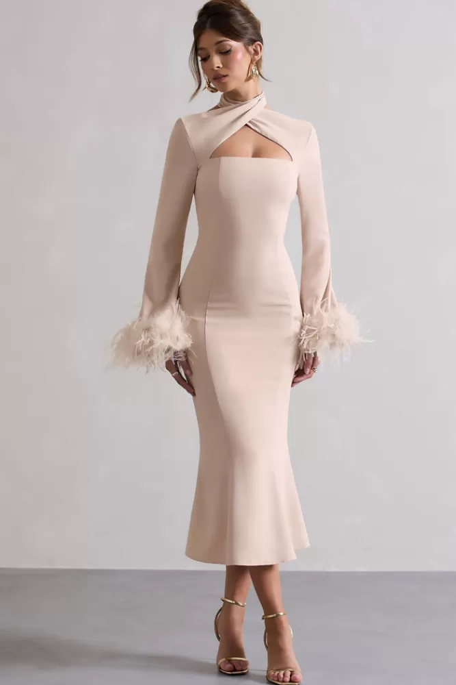 Club L London Monroe | Cross Halter-Neck Midi Dress With Feather Cuffs CHAMPAGNE Shop