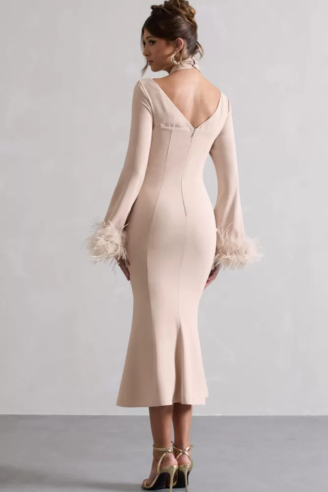 Club L London Monroe | Cross Halter-Neck Midi Dress With Feather Cuffs CHAMPAGNE Shop