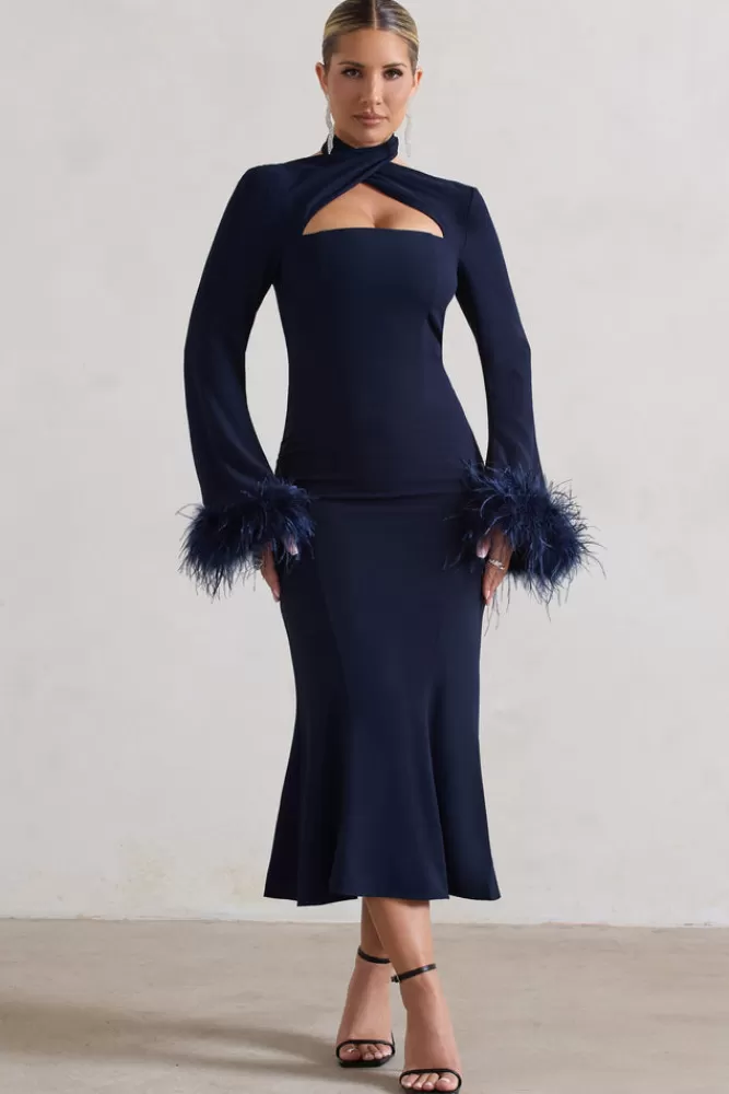 Club L London Monroe | Cross Halter-Neck Midi Dress With Feather Cuffs NAVY New