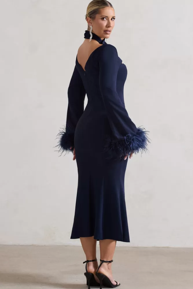 Club L London Monroe | Cross Halter-Neck Midi Dress With Feather Cuffs NAVY New