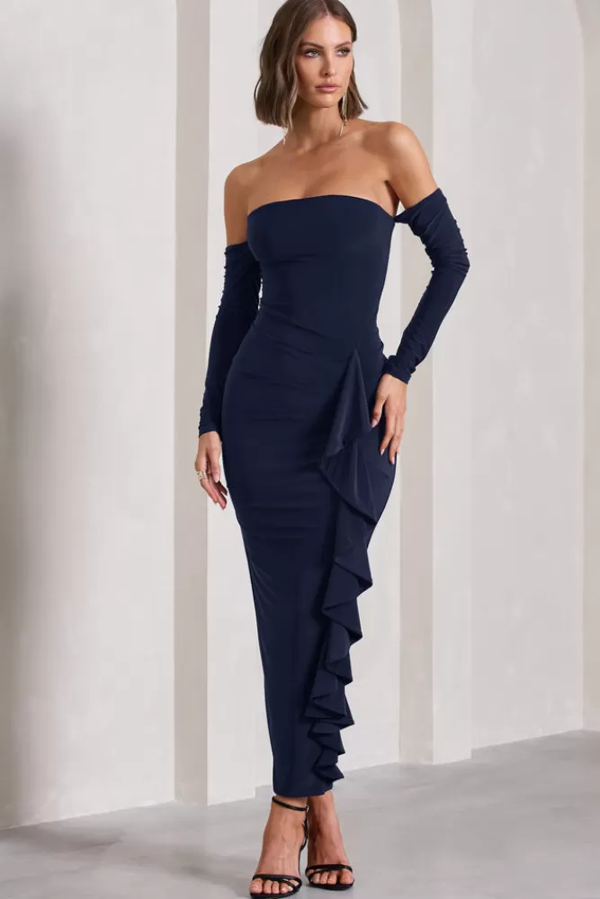 Club L London Montana | Bardot Ruffle Maxi Dress NAVY Cheap