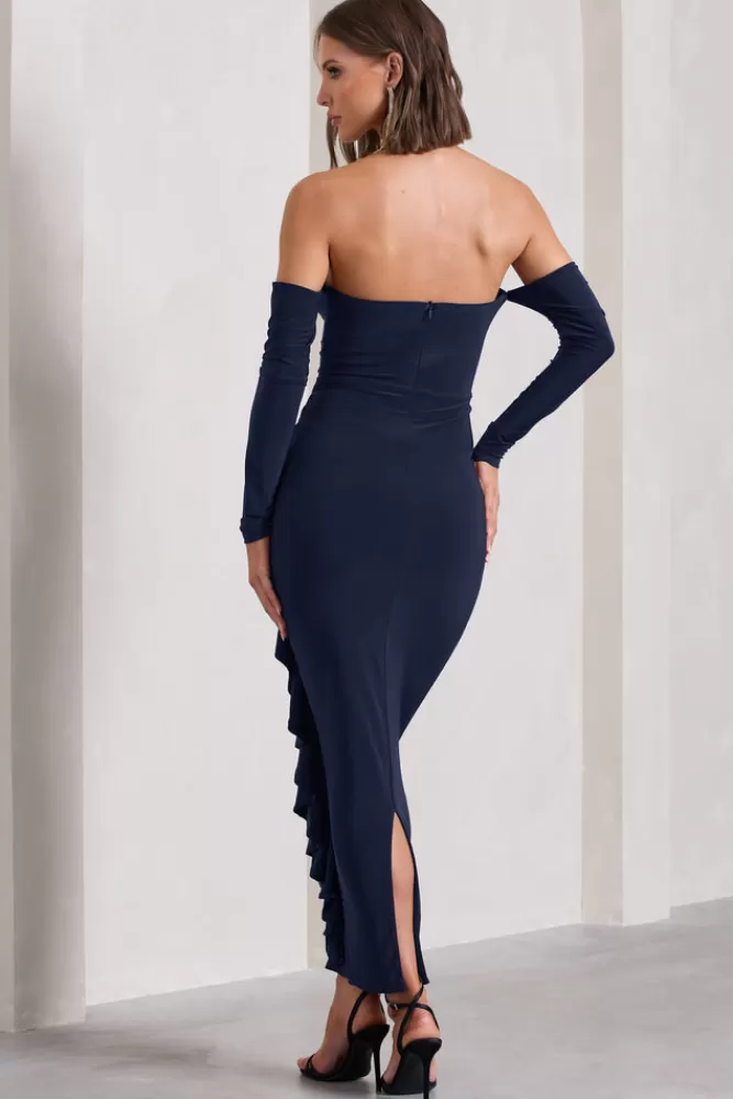 Club L London Montana | Bardot Ruffle Maxi Dress NAVY Cheap