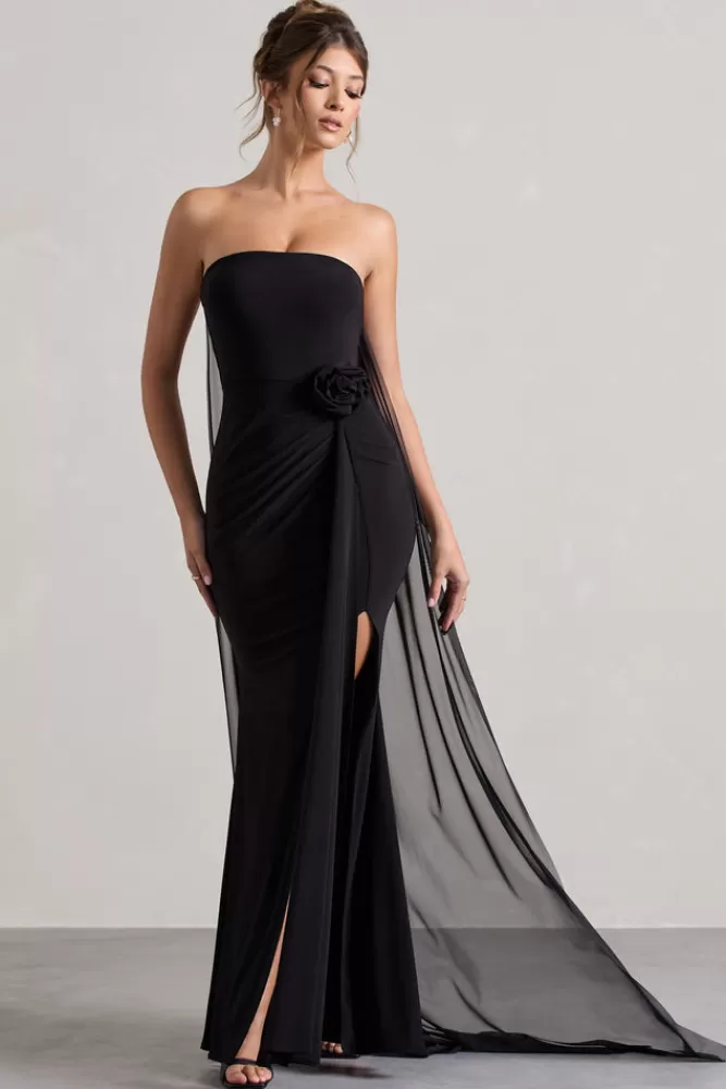 Club L London More To Come | Strapless Wrap Cape Maxi Dress With Corsage BLACK Sale