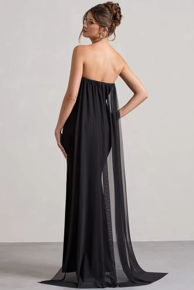 Club L London More To Come | Strapless Wrap Cape Maxi Dress With Corsage BLACK Sale